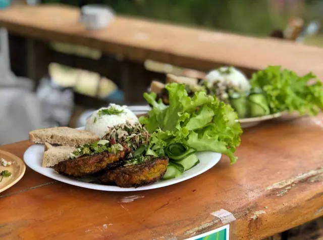 Assiette sur un banc de bois : galettes, riz, salade verte et crudités