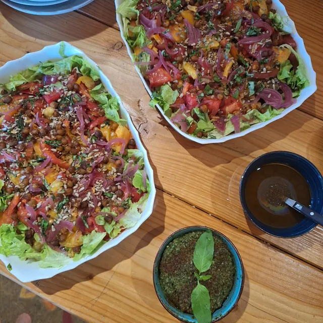 Deux grands plats de salade de betterave, tomate et graines